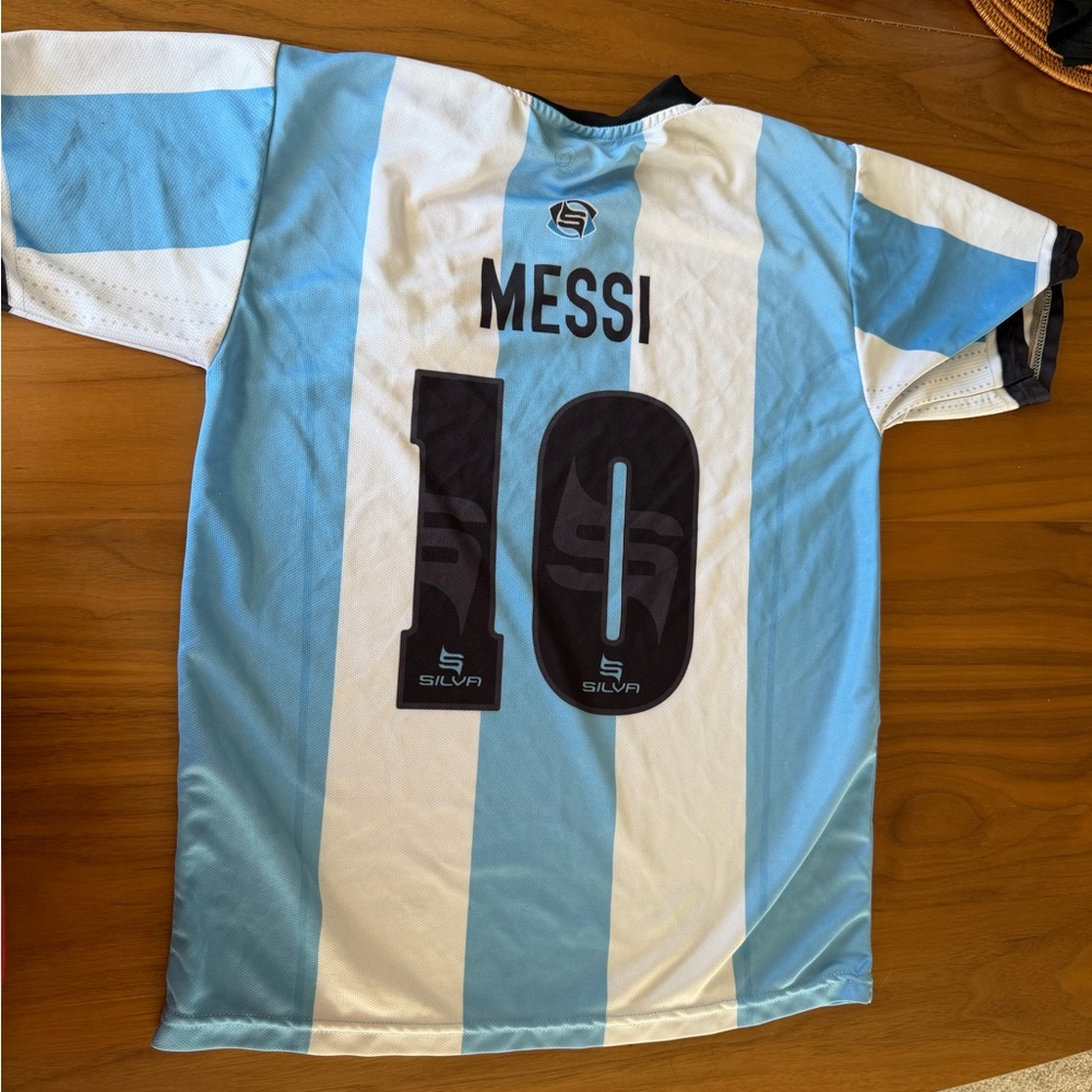 Blue and White Striped Soccer Jersey